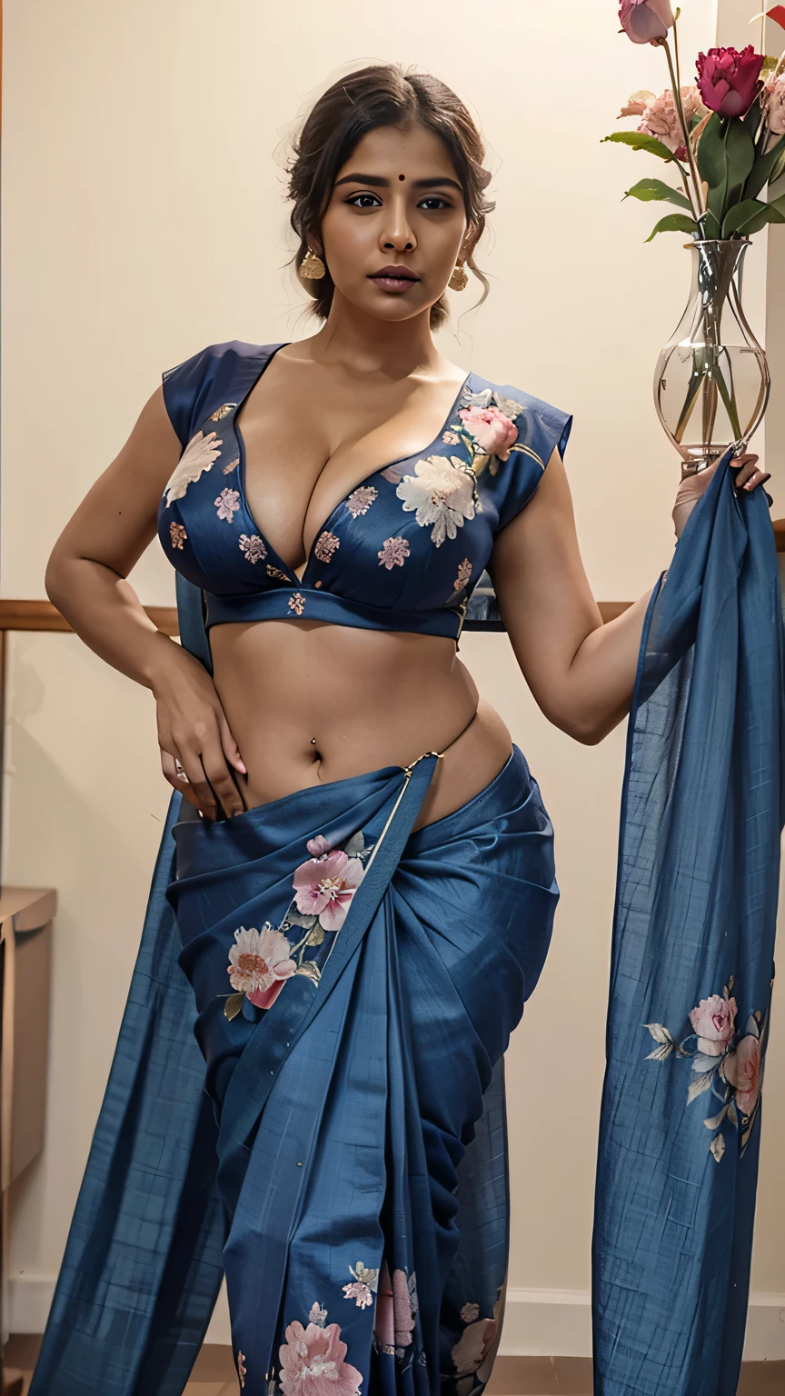  milf,big round ,curvy hourglass body,((Wearing Indian blue floral saree exposing cleavage)),((in a simple colour background photoshoot)),highly ultra realistic photo 