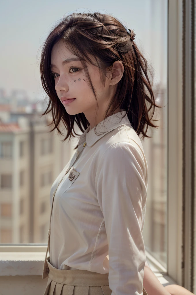 A swedish, American, german, young woman, 20yo, downtown, in large metropolis, collared shirt, sweater, pleated skirt, chuck taylor shoes, smirk ((heavy gaussian blur)), ((soft lighting)), (((extremely hazy:1.2))),, (extremely bright), (dreamy atmosphere), bright vivid colors, ((side view:1.3))
