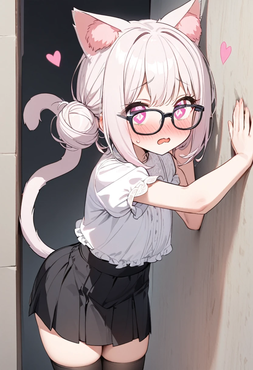 I have white pink hair, cat ears, a bun, my face is super blushing, black glasses, pink heart eyes, a blouse that reaches to my shoulders, a short black skirt, black stockings, white tennis shoes, a tail of cat a very shy girl who is glued to a wall with her butt