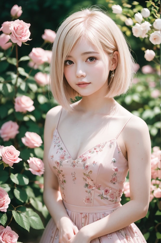 8k, RAW Photos, Fujifilm, Avril-like style photo of a beautiful young woman in a garden of pale pink roses (Highly detailed skin: 1.2) Style Petal Break Short Hair, Blonde and colored hair, Wear a dress, Film Granulation, 35mm, Cute Style