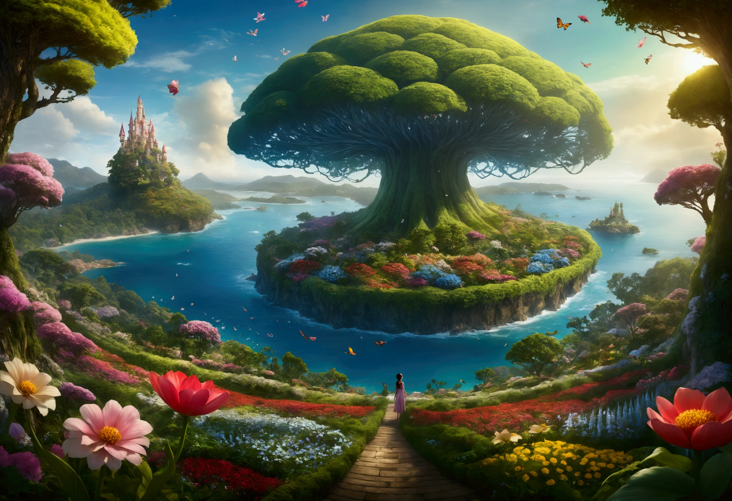 Mysterious Island, The fairy queen stands on a large flower, A hundred fairies are flying over the flower garden behind her, In the further distance, we see a forest with various trees in bloom. To the left and right of the forest is the ocean., Ultra-Wide Angle, panorama, wide shot, atmospheric perspective, masterpiece, accurate, textured skin, high details, high quality, best quality, photo, photorealistic,