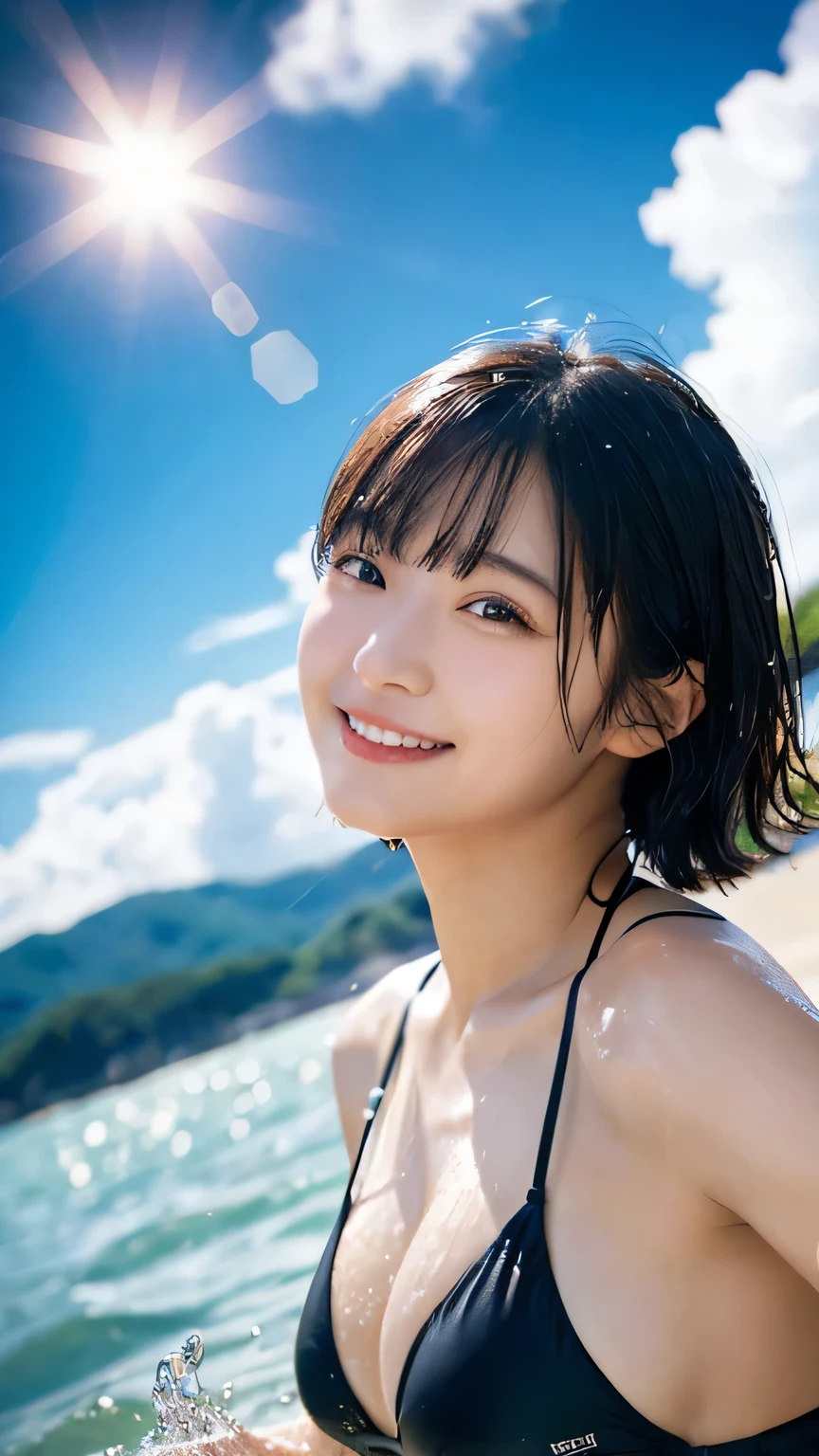 (Highest quality,masterpiece:1.3,Ultra-high resolution),(Very detailed,Caustics,8k),(Realistic:1.4,RAW shooting),(Smiling girls splashing water on each other),Japanese,18-year-old,cute,Black Short Hair,(big ),Bikini Swimwear,(Face Focus),(Face close-up),(Bust up shot),(Low position),(Low Angle),Clear and beautiful sea,Beach,sun,strong sunlight,Lens flare,Natural light,Professional Writing