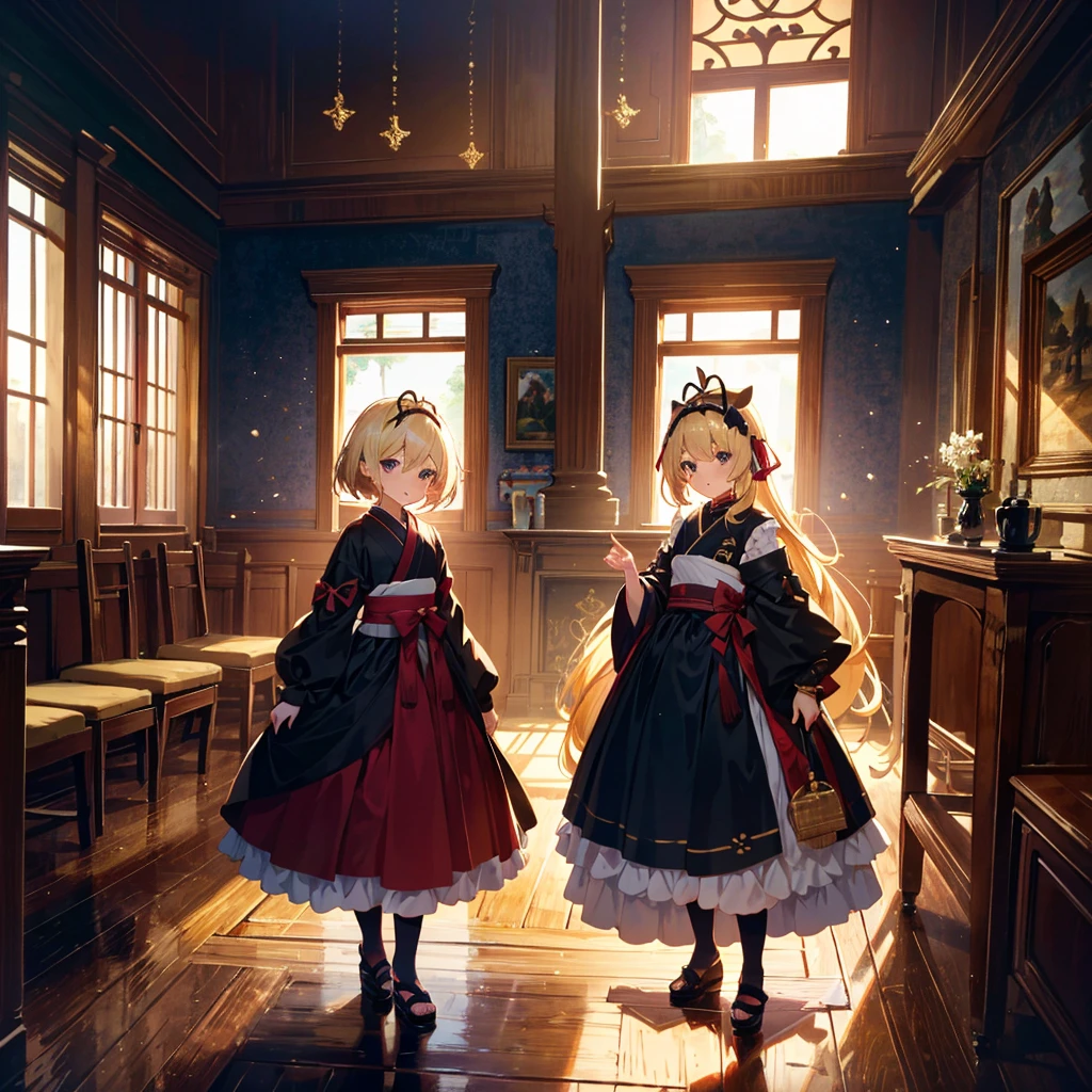 High-definition background, bright and beautiful atmosphere, 3 girls (2 years old, (1 short-tempered round face), (1 child)) (hair, surface effects), color effects), small breasts, blonde hair, inside the castle ,Luxurious room Girls dressed as ninjas, girls dressed as princesses, mini pigs dressed as ninjas, mini pigs dressed as samurai, "deltamon_sdXL :0.73) >Deltamon makes an immediate decision.