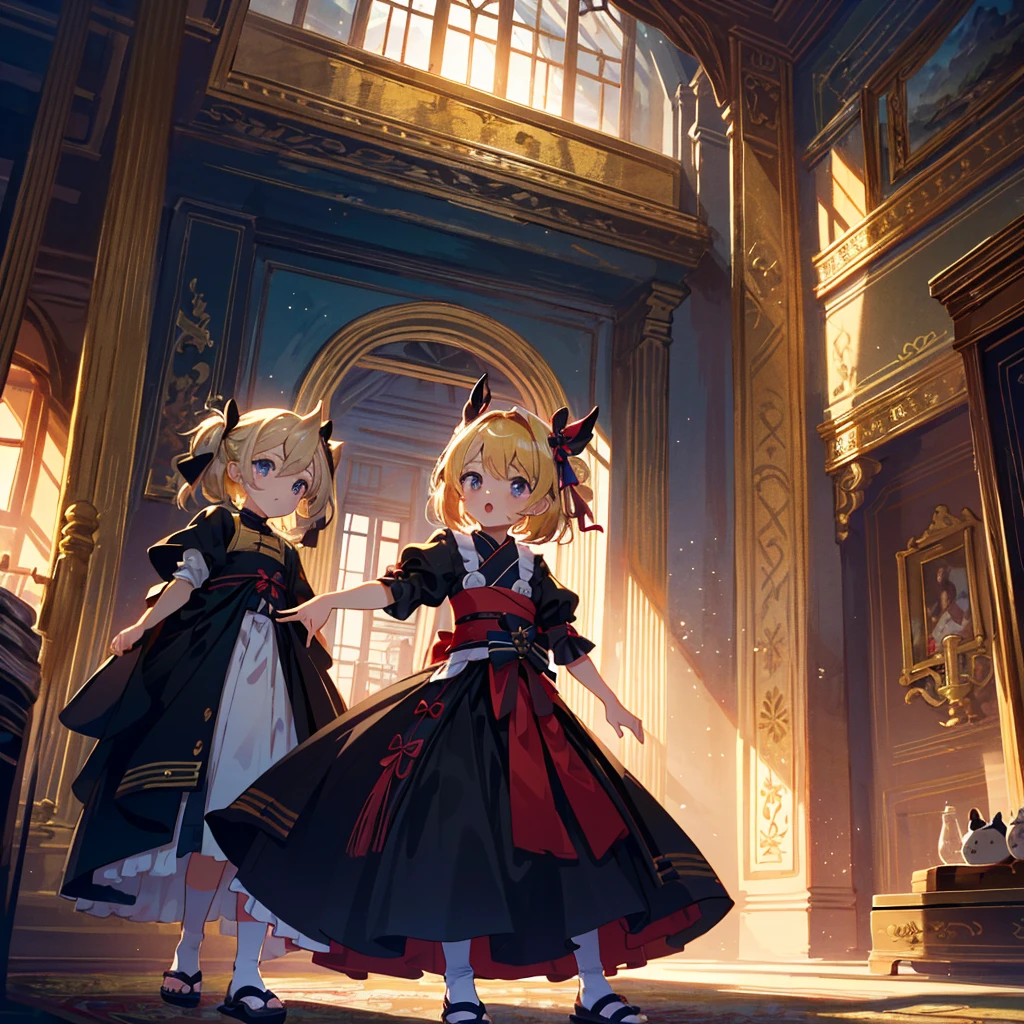 High-definition background, bright and beautiful atmosphere, 3 girls (2 years old, (1 short-tempered round face), (1 child)) (hair, surface effects), color effects), small breasts, blonde hair, inside the castle ,Luxurious room Girls dressed as ninjas, girls dressed as princesses, mini pigs dressed as ninjas, mini pigs dressed as samurai, "deltamon_sdXL :0.73) >Deltamon makes an immediate decision.