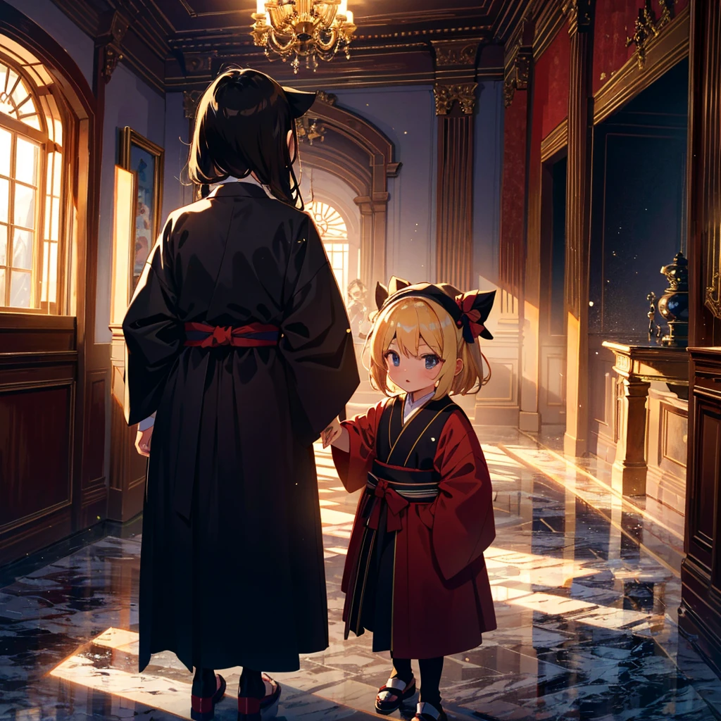 High-definition background, bright and beautiful atmosphere, 3 girls (2 years old, (1 short-tempered round face), (1 child)) (hair, surface effects), color effects), small breasts, blonde hair, inside the castle ,Luxurious room Girls dressed as ninjas, girls dressed as princesses, mini pigs dressed as ninjas, mini pigs dressed as samurai, "deltamon_sdXL :0.73) >Deltamon makes an immediate decision.
