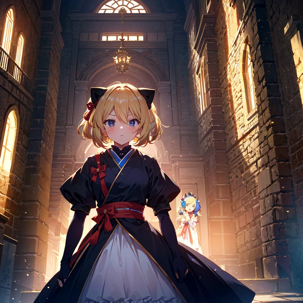 High-definition background, bright and beautiful atmosphere, 3 girls (2 years old, (1 short-tempered round face), (1 child)) (hair, surface effects), color effects), small breasts, blonde hair, inside the castle ,Luxurious room Girls dressed as ninjas, girls dressed as princesses, mini pigs dressed as ninjas, mini pigs dressed as samurai, "deltamon_sdXL :0.73) >Deltamon makes an immediate decision.