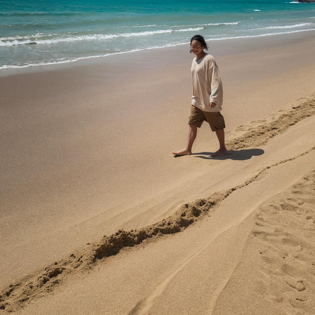 A person covered in sand from head to toe, walking awkwardly on a beach with a comical expression.