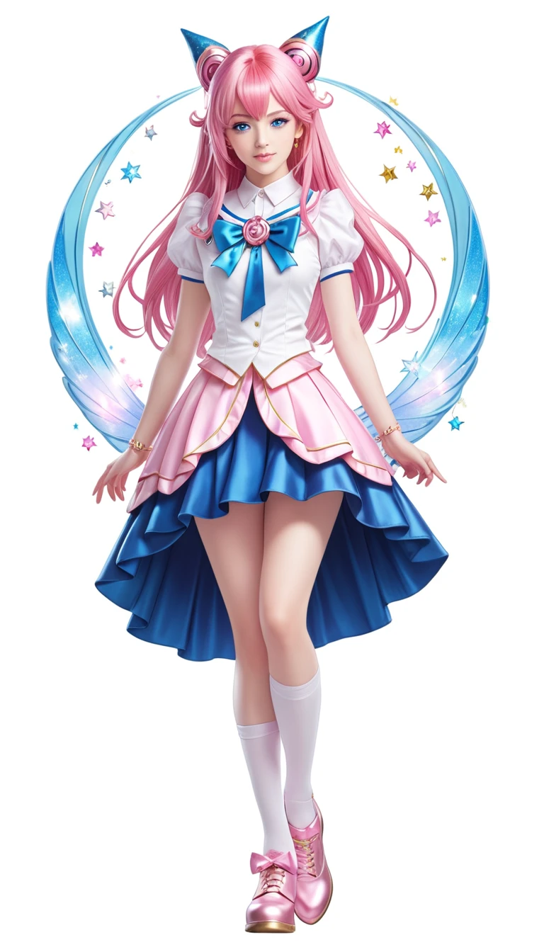 Magical girl, pink hair, blue eye, blue skirt, white top, full body