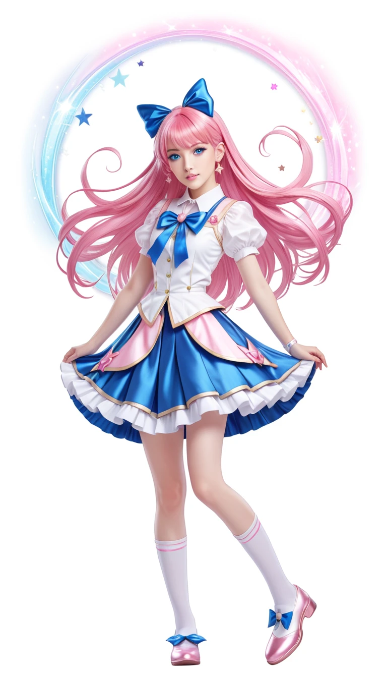 Magical girl, pink hair, blue eye, blue skirt, white top, full body
