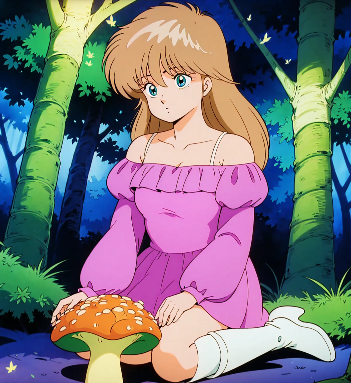 A light blonde haired anime girl with pale blue purple eyes、Wearing a pink off-the-shoulder puffy sleeve dress and knee-length white boots、Under the stars、Sitting in the woods next to an orange mushroom surrounded by fireflies。
