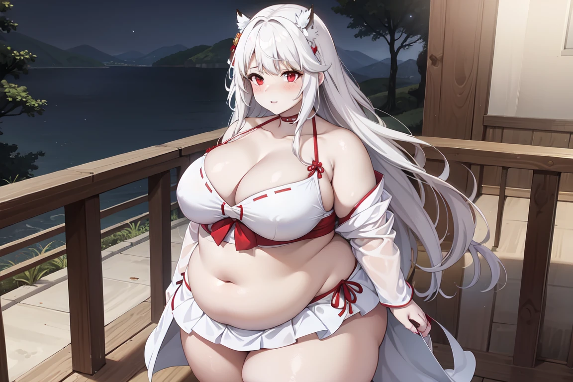 1girl, white hairs, red eyes, skimpy white-red kimono, long hair, massive breasts, mature, lake, night, cleavage, Oni, armored skirt