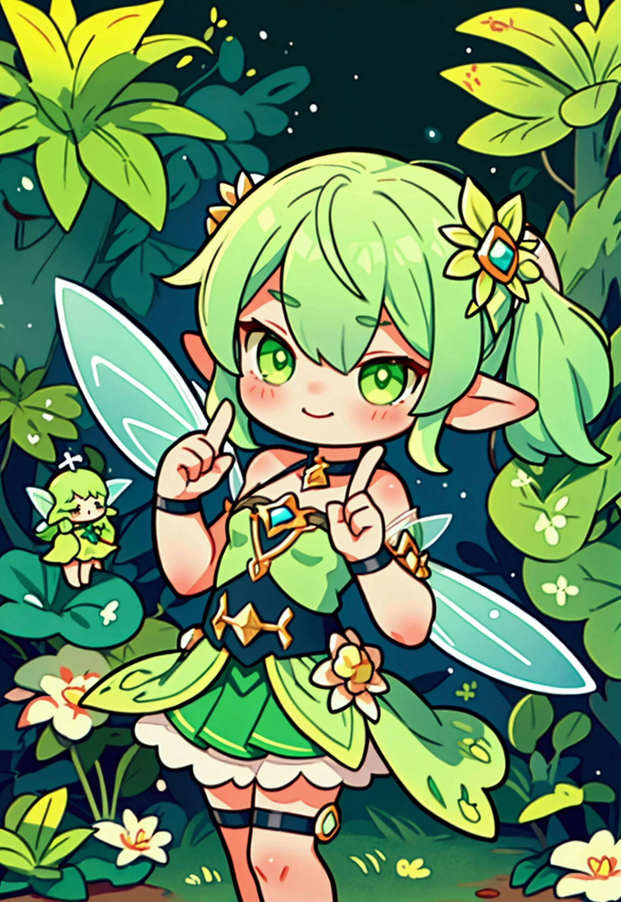 fairy girl, shady, green fairy, smol, cute, kawaii, The word yes, smirking, cocky, emote, character portrait, victory pose