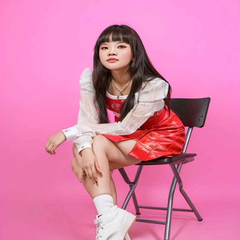 Thai young girl sitting on a chair in a red skirt and white shirt, photo from a promo shoot, solo photoshoot, full body photoshoot, shot in the photo studio, studio photoshot, ruan cute vtuber, promo shoot, taken in 2 0 2 0, sitting pose, portrait of jossi of blackpink, studio photoshoot, casual pose, chiho