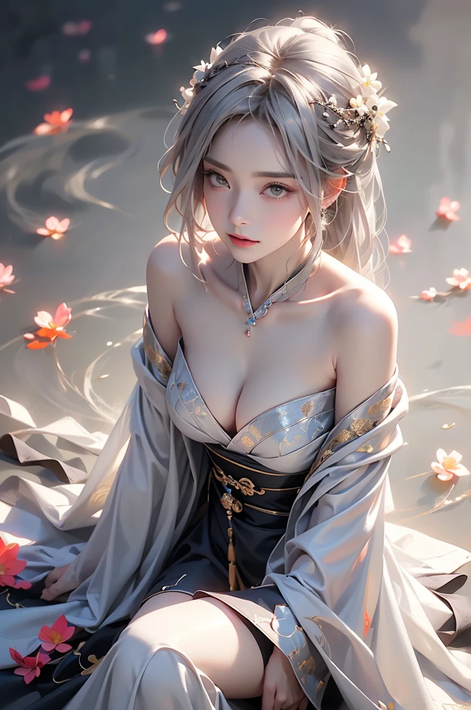 ((Above the knees image:1.3、stand))super high quality, masterpiece, Perfect illustration, Very detailed (Exquisite light and shadow, Very dramatic photo,Backlight) , ((Gray Hair:1.5))1 Girl,(( alone:1.6)), (Wearing Han clothes, Black Hanfu,Monotony,Long sleeve、Gorgeous costumes、Highly decorated Hanfu) Flower Field, Flowers, (White smoke:1.3) (Realistic:1.4), Zen Intertwining, Tangled, Official Art, unity 8k wallpaper, Very detailed, Beautiful and beautiful, masterpiece, Highest quality, (Dynamic Angle: 1.4), Glowing Skin, (Floating colorful flashes: 1) The most beautiful chaotic shapes, elegant, Brutalist Design, Bright colors, Romantic Depth of Field Exotic_dance, half_naked、Expose your shoulders、Ample breasts、Great cleavage、Dynamic pose、Backlight,
