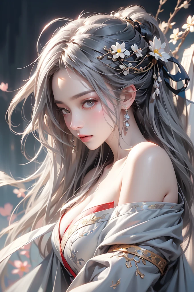 ((Above the knees image:1.3))super high quality, masterpiece, Perfect illustration, Very detailed (Exquisite light and shadow, Very dramatic photo,Backlight) , ((Gray Hair:1.5))1 Girl,(( alone:1.6)), (Wearing Han clothes, Black Hanfu,Monotony,Long sleeve、Gorgeous costumes、Highly decorated Hanfu) Flower Field, Flowers, (White smoke:1.3) (Realistic:1.4), Zen Intertwining, Tangled, Official Art, unity 8k wallpaper, Very detailed, Beautiful and beautiful, masterpiece, Highest quality, (Dynamic Angle: 1.4), Glowing Skin, (Floating colorful flashes: 1) The most beautiful chaotic shapes, elegant, Brutalist Design, Bright colors, Romantic Depth of Field Exotic_dance, half_naked、Expose your shoulders、Ample breasts、Great cleavage、Dynamic pose、Backlight,
