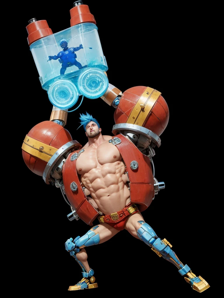 a strong man, defined body, blue hair, with mechanical arms.