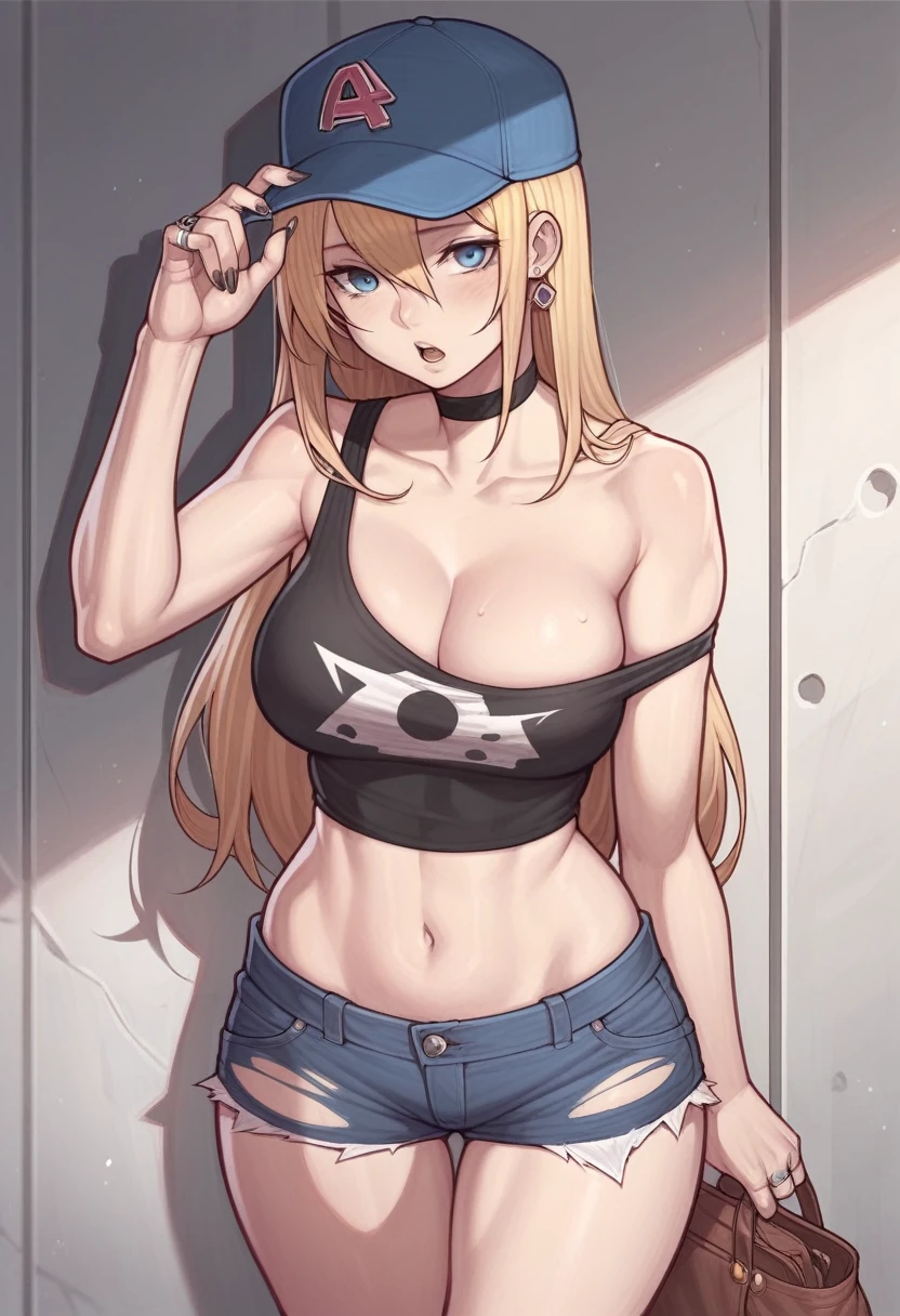 _asura style, 1girl, breasts, hat, eyewear_hang, blue_eyes, long_hair, solo, shorts, cleavage, choker, sunglasses, navel, open_mouth, jewelry, baseball_cap, midriff, looking_at_viewer, black_nails, eyewear_removed, strap_slip, torn_clothes, nail_polish, ring, tank_top, denim, short_shorts, collarbone, black_choker, black_shorts, hair_between_eyes, crop_top, brown_hair, blush, earrings, bare_shoulders, denim_shorts, bangs, leaning_forward, large_breasts, bag, blonde_hair, cowboy_shot, torn_shorts, medium_breasts