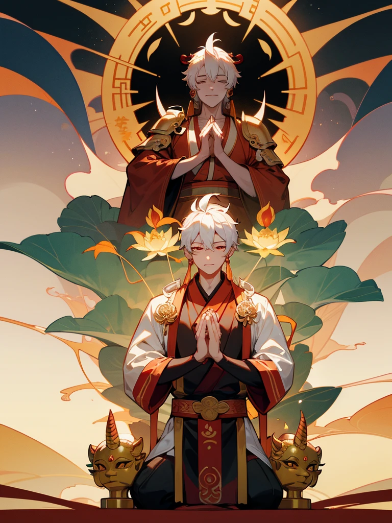 Dragon God Kannon Bodhisattva,Burning eyes, Horn, White shorthair, Black Armor, torii, male, Actor Shaka, Praying with hands together, Zen meditation, golden lion statue, fusion of spirituality, lotus flower field, paradise, fusion of god and Buddha