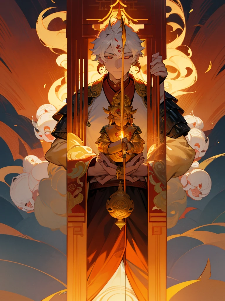 Dragon God Kannon Bodhisattva,Burning eyes, Horn, White shorthair, Black Armor, torii, male, Actor Shaka, Praying with hands together, Zen meditation, golden lion statue, fusion of spirituality, lotus flower field, paradise, fusion of god and Buddha