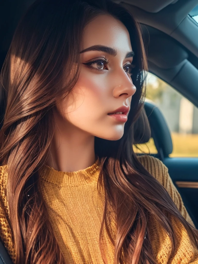 beautiful detailed eyes, beautiful detailed lips, extremely detailed eyes and face, long eyelashes, 1girl, boyfriend, inside car, selfi, instagram story, photorealistic, 8k, masterpiece, cinematic lighting, vibrant colors, romantic, intricate details, natural lighting, high quality, hyper detailed