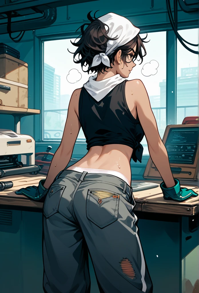 masterpiece, best quality, mature woman, messy hair, black hair, brunette gradient hair color, hot face, (tomboy face), tan skin, mature body, fit body, medium breasts, mechanic gloves, (dirty tank top), stained tank top, midriff, white bandana, mechanic pants, loose pants, workshop, (sweaty), bending over, towel around neck, back view, panties visible, ripped pants