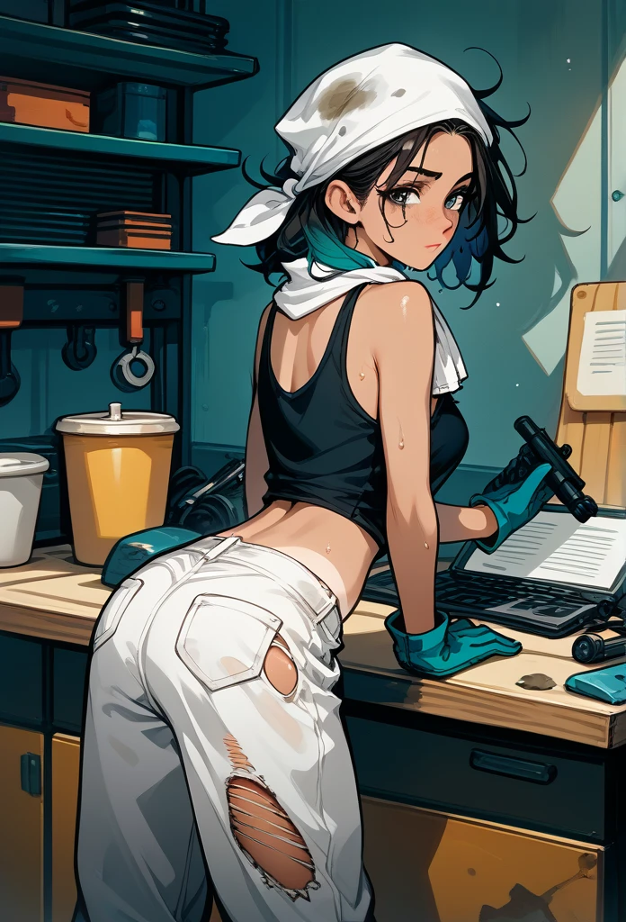 masterpiece, best quality, mature woman, messy hair, black hair, brunette gradient hair color, hot face, (tomboy face), tan skin, mature body, fit body, medium breasts, mechanic gloves, (dirty tank top), stained tank top, midriff, white bandana, mechanic pants, loose pants, workshop, (sweaty), bending over, towel around neck, back view, black thong lines, ripped pants