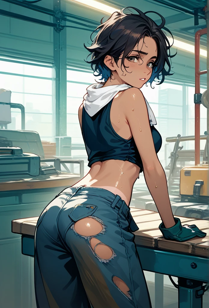 masterpiece, best quality, mature woman, messy hair, black hair, brunette gradient hair color, hot face, (tomboy face), tan skin, mature body, fit body, medium breasts, mechanic gloves, (dirty tank top), stained tank top, midriff, white bandana, mechanic pants, loose pants, workshop, (sweaty), bending over, towel around neck, back view, panties visible, ripped pants