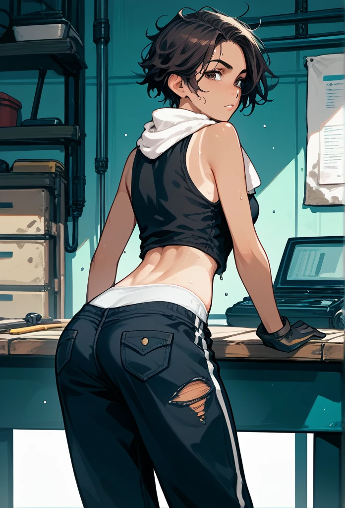 masterpiece, best quality, mature woman, messy hair, black hair, brunette gradient hair color, hot face, (tomboy face), tan skin, mature body, fit body, medium breasts, mechanic gloves, (dirty tank top), stained tank top, midriff, white bandana, mechanic pants, loose pants, workshop, (sweaty), bending over, towel around neck, back view, black thong lines, ripped pants, spreading legs