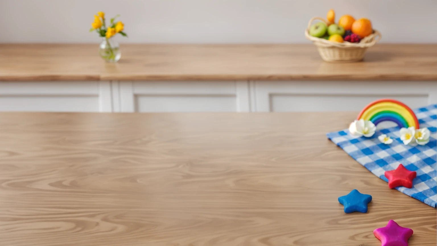 on a wooden table. there is a white plate. on the table there is a BLUE checkered tablecloth, there are STAR candies on the table next to them, ON THE TABLECLOTH IS A RAINBOW MADE OF POLYMER CLAY. against the background of the kitchen, Fruit basket, vase with Flowers, Basket with berries . Beautiful light from the window, contour light, Multiple light sources, beautiful sunlight, Bright light source, bright lighting, beautiful light sources, Multiple light sources, Realistic style , realistic texture, detailed texture, a high resolution, high quality