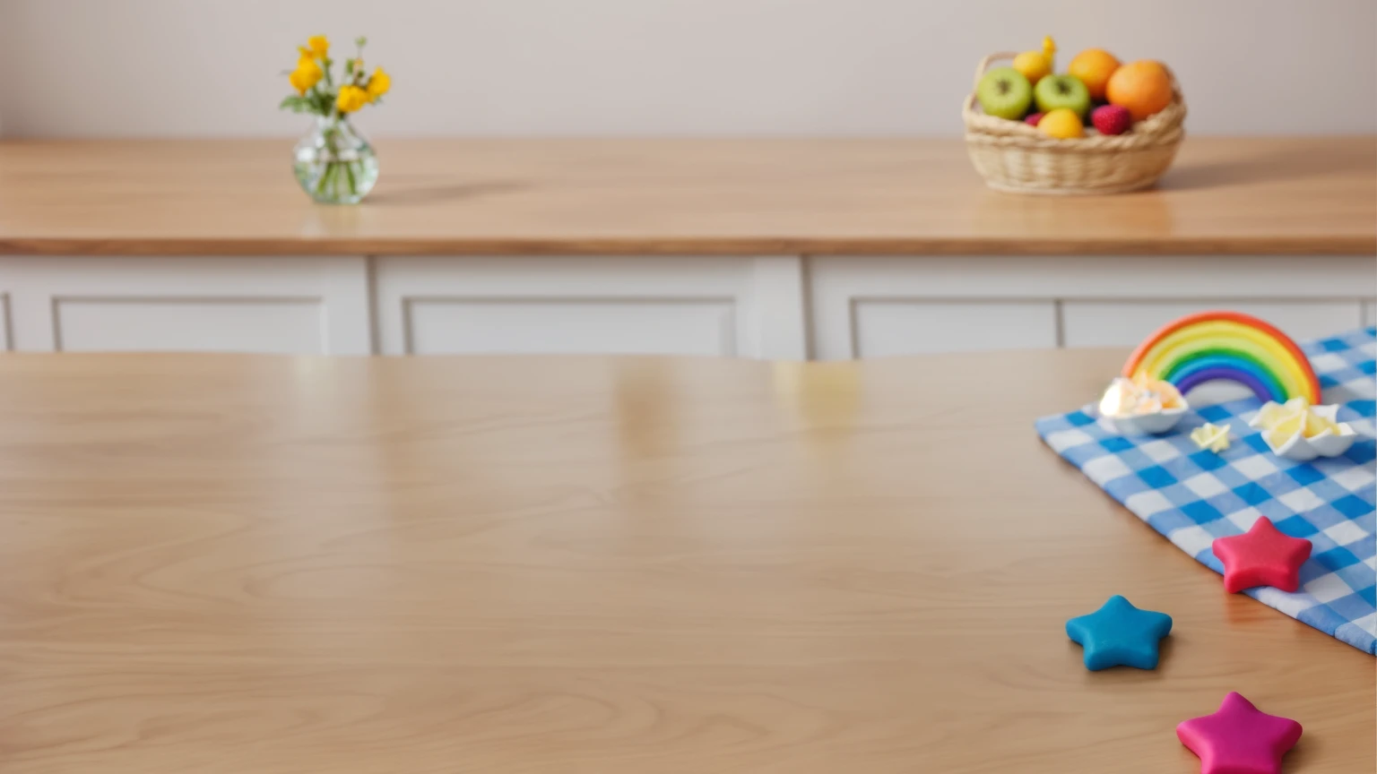 on a wooden table. there is a white plate. on the table there is a BLUE checkered tablecloth, there are STAR candies on the table next to them, ON THE TABLECLOTH IS A RAINBOW MADE OF POLYMER CLAY. against the background of the kitchen, Fruit basket, vase with Flowers, Basket with berries . Beautiful light from the window, contour light, Multiple light sources, beautiful sunlight, Bright light source, bright lighting, beautiful light sources, Multiple light sources, Realistic style , realistic texture, detailed texture, a high resolution, high quality