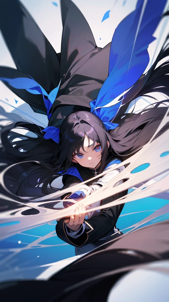 thin white, long straight black hair, eyes browns, black clothes with royal blue Madoka magical girl style