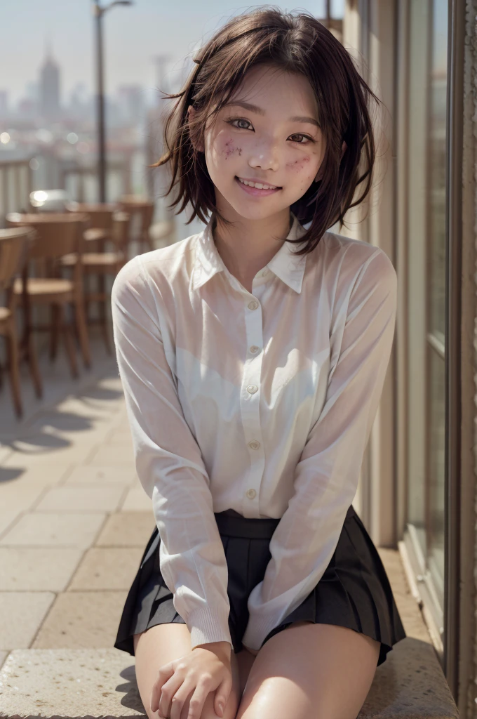 A swedish, American,  german, young woman, 20yo, downtown, in large metropolis, collared shirt, sweater, pleated skirt, chuck taylor shoes, smirk  ((heavy gaussian blur)), ((soft lighting)), (((extremely hazy:1.2))),, (extremely bright), (dreamy atmosphere), bright vivid colors, ((45 degree view:1.4))