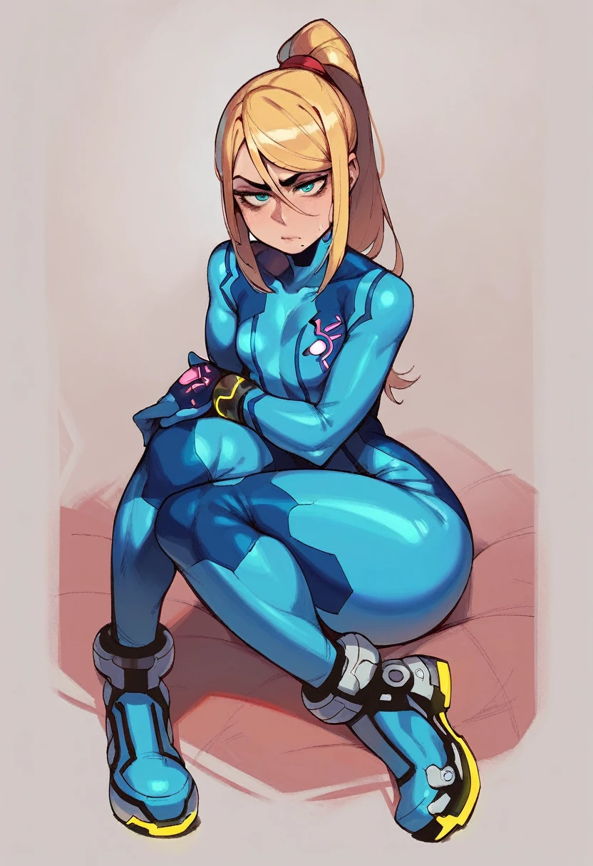 (masterpiece, best quality:1.3), 1female, solo, Samus Aran from Metroid, zero suit, looking at viewer, flat chest, wide hips, big butt, bottom heavy, wide ass, from front, knees buckle, wide hips, tired look