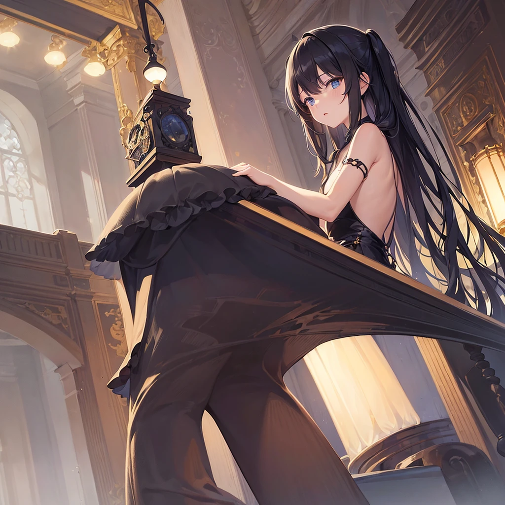 (((masterpiece))), ((best quality)),((Illustration)),official art,{Extremely delicate and beautiful},finely detail,Many lights,many audiences,1girl,black long hair,blue eyes,black legwear,black camisole,black skirt,black sandals