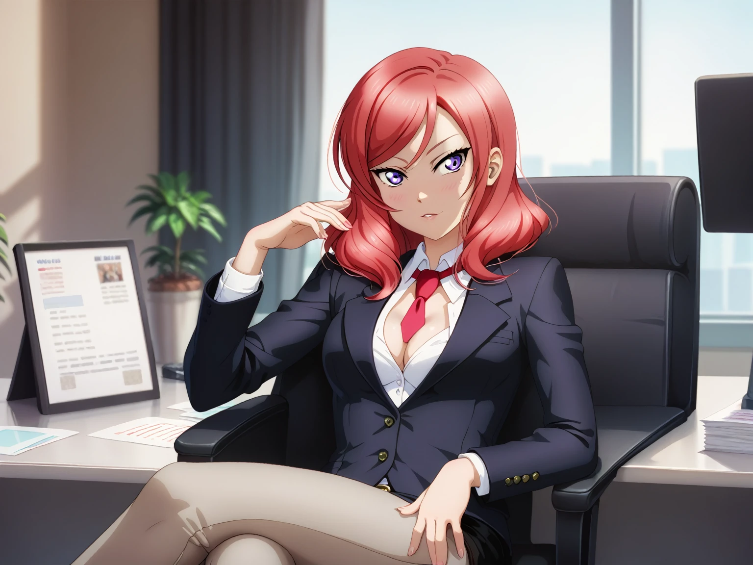 masterpiece, best quality, cowboy shot, nishikino maki,red hair, purple eyes, black formal suit, pants, sitting , crossed legs , cleavage ,neck tie, Sexual seduction, sexualised ,in office 