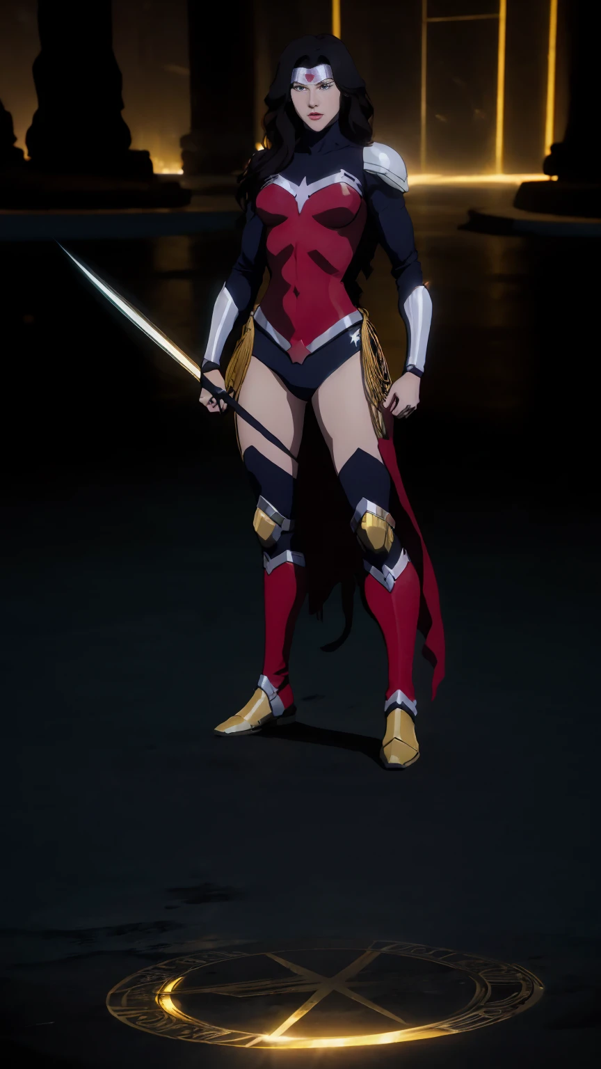 ((full body photo, standing, feet on the ground)) Wonder Woman A red-haired warrior with yellow eyes wearing black and gold Supergirl armor, lots of lighting