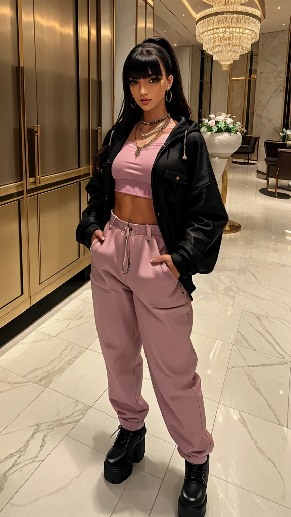 Alisha Lehmann skinny sexy model, black hair with Chinese bangs She is wearing an oversized pink sweatshirt hoodie covering hands fingers with big oversized denim jacket street wear tendy wear hands in pockets and big baggy oversized pink sweatpants se has small sexy breasts ankle boots heels sexy skinny thighs,full body view,luxuy hotel lobby hooves earrings, necklace chain,no tattoo walking , big hooves earrings,  facing the camera full body view hands in pockets all fingers in pockets oversized high waist baggy pants hands in pockets Thumb fingers inside pockets looking at the canera luxury hotel lobby 