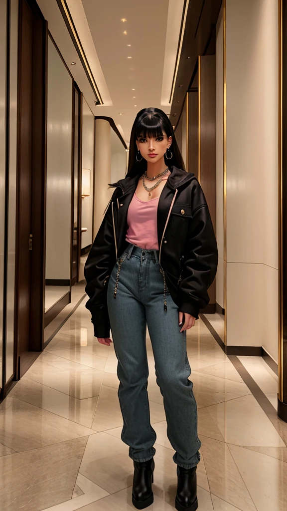 Alisha Lehmann skinny sexy model, black hair with Chinese bangs She is wearing an oversized pink sweatshirt hoodie covering hands fingers with big oversized denim jacket street wear tendy wear hands in pockets and big baggy oversized pink sweatpants se has small sexy breasts ankle boots heels sexy skinny thighs,full body view,luxuy hotel lobby hooves earrings, necklace chain,no tattoo walking , big hooves earrings, facing the camera full body view hands in pockets all fingers in pockets oversized high waist baggy pants hands in pockets Thumb fingers inside pockets looking at the canera luxury hotel lobby