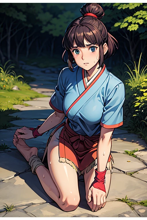 masterpiece, Highest quality,  Unreal Engine,  Super Resolution,  Very detailed, 

One Girl, So, Kaya from Princess Mononoke, Topknot, Bobcut, iris, ((Blue Japanese clothing,short_sleeve)), Fingerless long gloves, feet_warm,barefeet, Physical Beauty, (Muscular:0.8), bold, Observe the audience, 

In a sexy pose, 

The World of Princess Mononoke, The village where Ashitaka lived, Key Visual, 

((Sticky with sweat)),