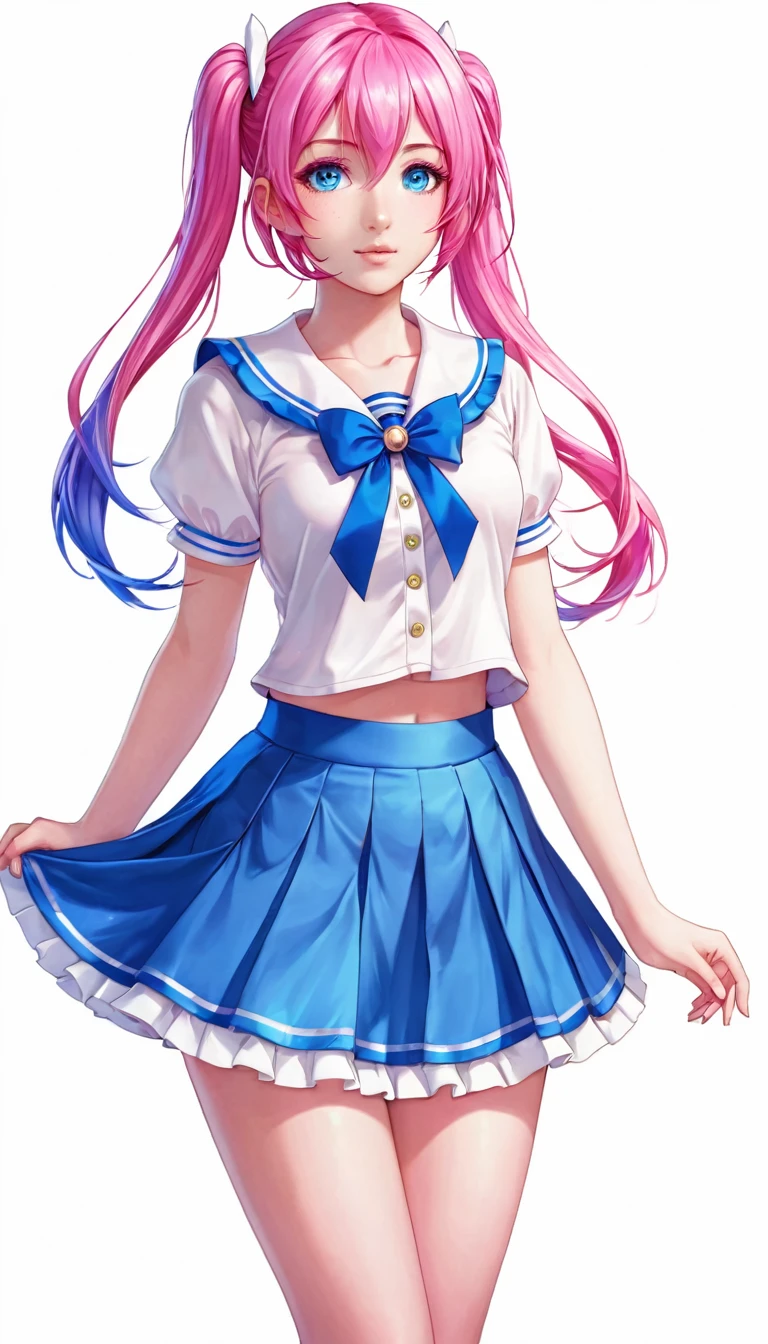 Magical girl, pink hair, blue eye, blue skirt, white top, full body