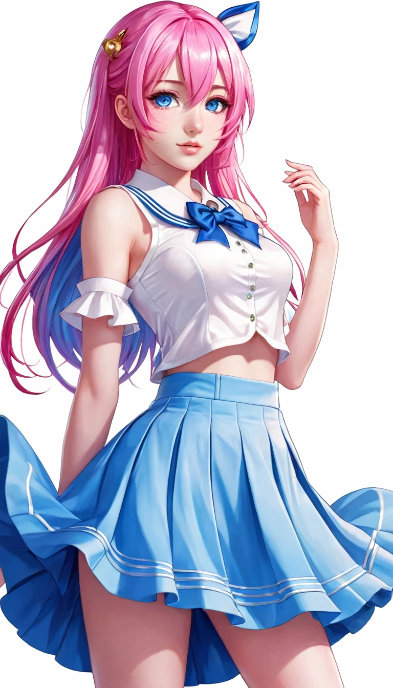 Magical girl, pink hair, blue eye, blue skirt, white top, full body