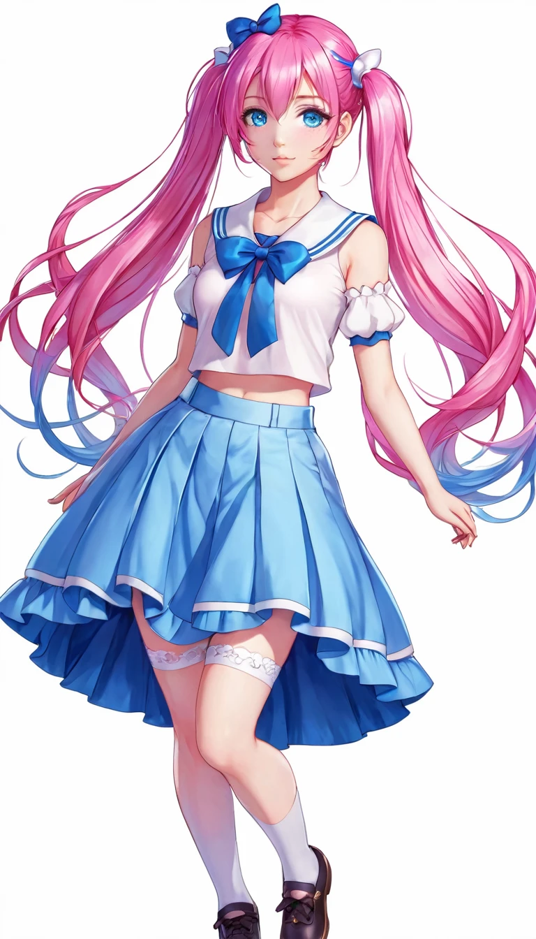 Magical girl, pink hair, blue eye, blue skirt, white top, full body