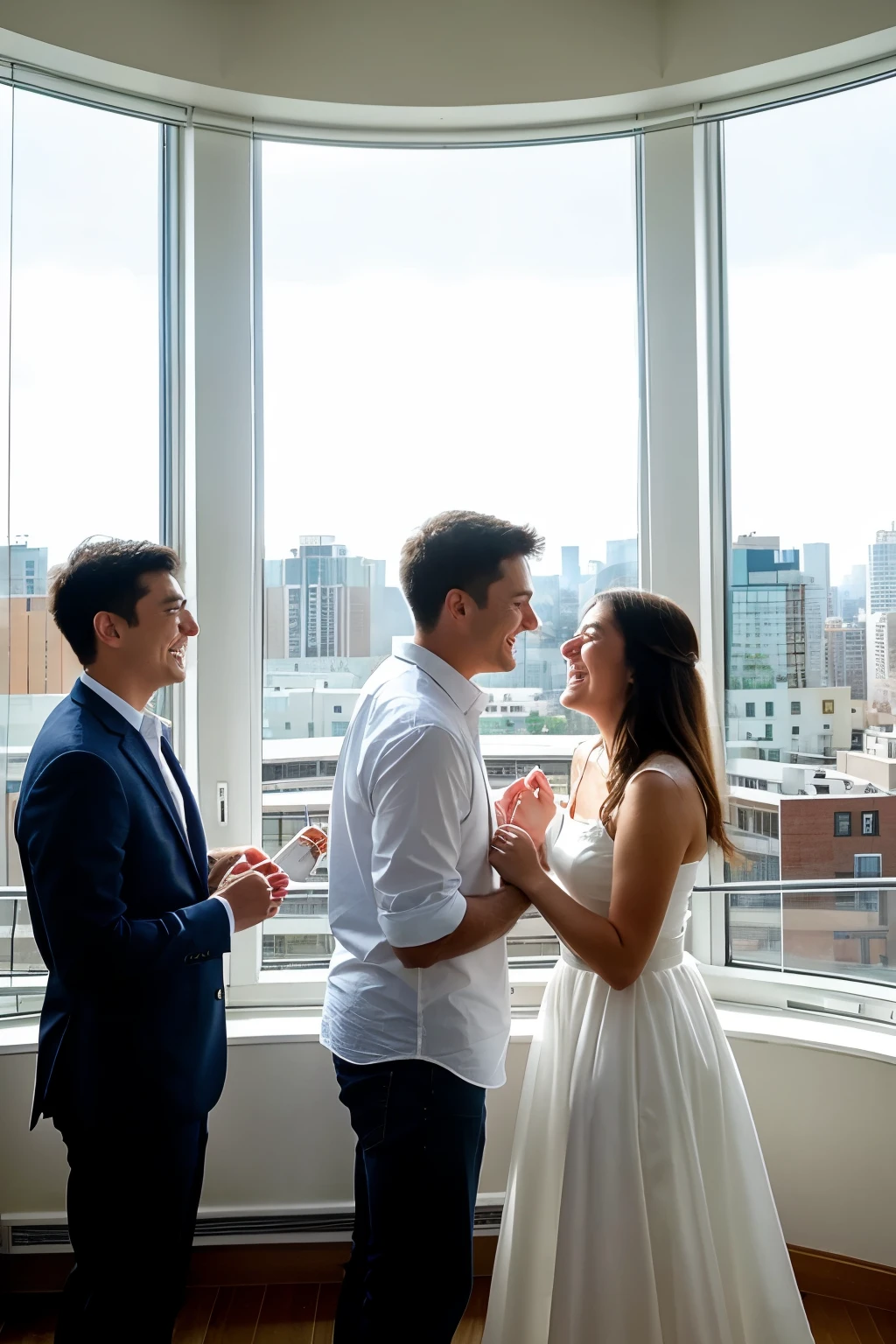 (Best quality, Ultra-detailed: 1.2), Rays of sunlight streaming through the windows, capturing the moment of joy as a couple embraces, keys in hand, beaming with happiness and gratitude. Their first new property, a residential building rising 15 stories high, a harmonious blend of brown and white, echoing the warmth of their new beginning. Balconies adorn each floor, offering a panoramic view of the city, a testament to their hard-earned achievement. Friends and well-wishers gather around, applauding and cheering, their faces radiant with happiness and pride, sharing in the couple's joyous moment. The camera captures the