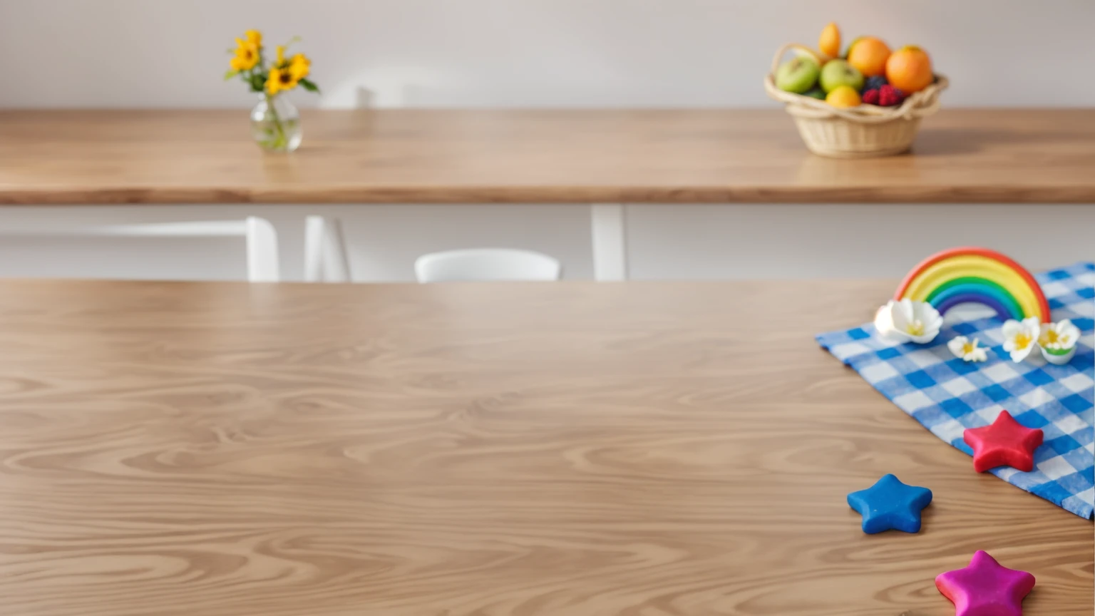 on a wooden table. there is a white plate. on the table there is a BLUE checkered tablecloth, there are STAR candies on the table next to them, ON THE TABLECLOTH IS A RAINBOW MADE OF POLYMER CLAY. against the background of the kitchen, Fruit basket, vase with Flowers, Basket with berries . Beautiful light from the window, contour light, Multiple light sources, beautiful sunlight, Bright light source, bright lighting, beautiful light sources, Multiple light sources, Realistic style , realistic texture, detailed texture, a high resolution, high quality
