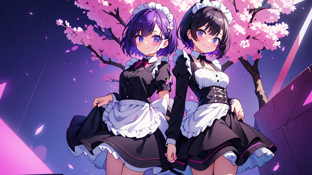 2girls, short purple hair, cute eyes, wearing maid uniform , black and white maid uniform, smiling , full body portraits, medium size Brest , portrait , slightly blushing , hands out of frame , hands behind back , high res, ultrasharp, 8K, masterpiece, looking at viewer
