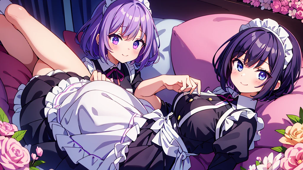 2girls, short purple hair, cute eyes, wearing maid uniform , black and white maid uniform, smiling , full body portraits, medium size Brest , portrait , slightly blushing , hands out of frame , hands behind back , high res, ultrasharp, 8K, masterpiece, looking at viewer