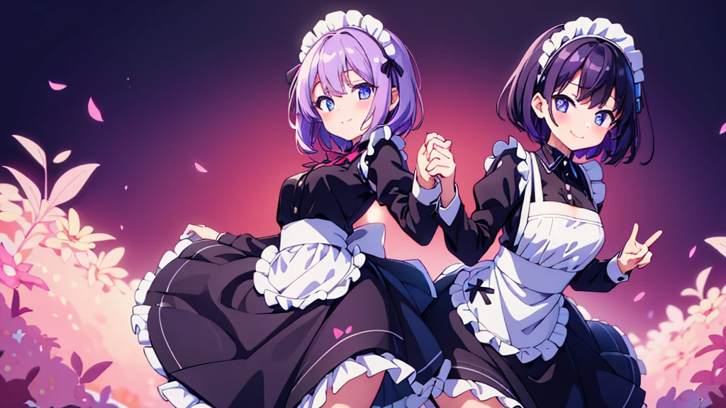 2girls, short purple hair, cute eyes, wearing maid uniform , black and white maid uniform, smiling , full body portraits, medium size Brest , portrait , slightly blushing , hands out of frame , hands behind back , high res, ultrasharp, 8K, masterpiece, looking at viewer