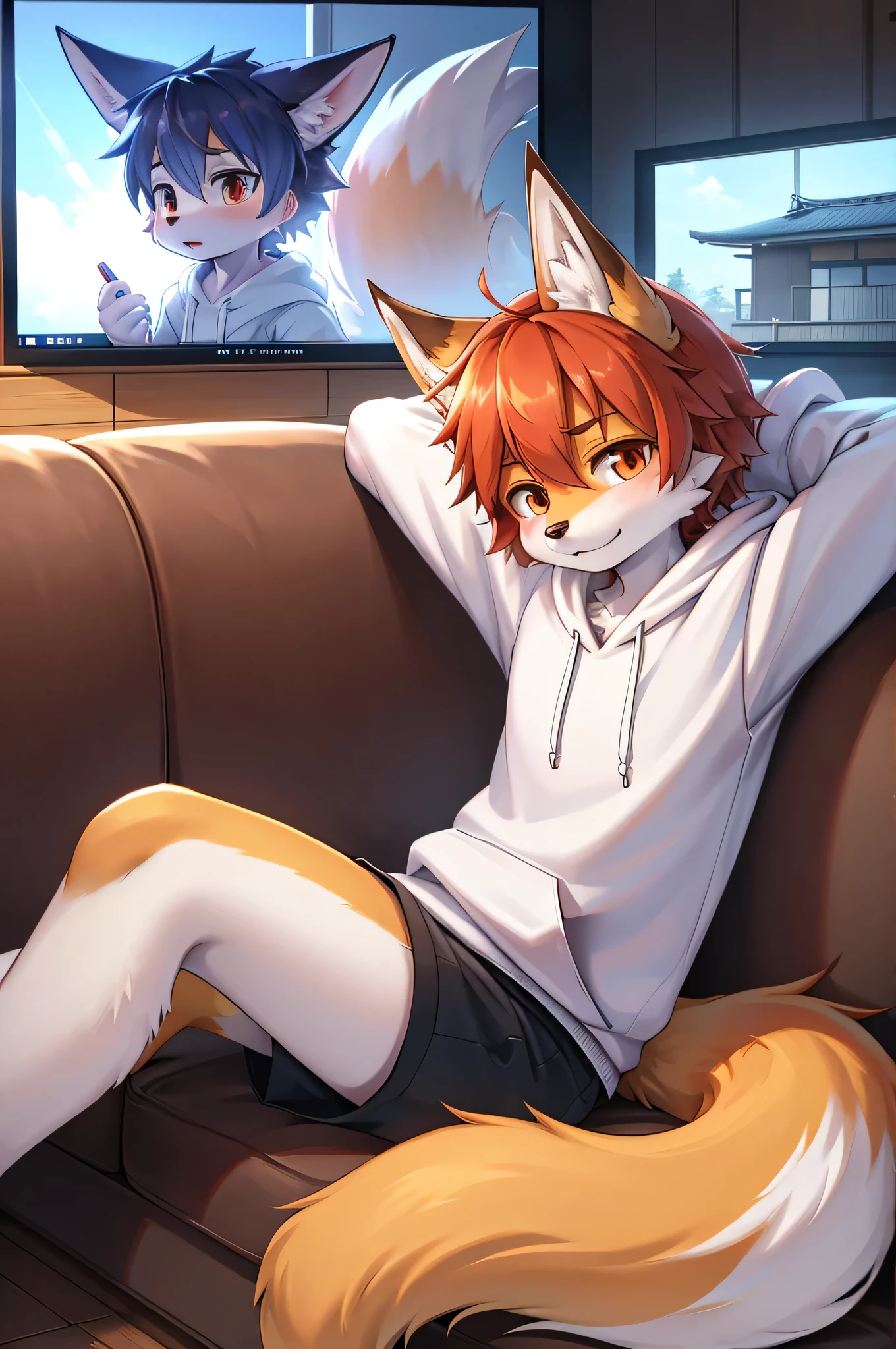 fox boy,Wearing a white T-shirt and hoodie,8k resolution,最high resolution,high resolution,Japan style private house,Watching TV on the sofa