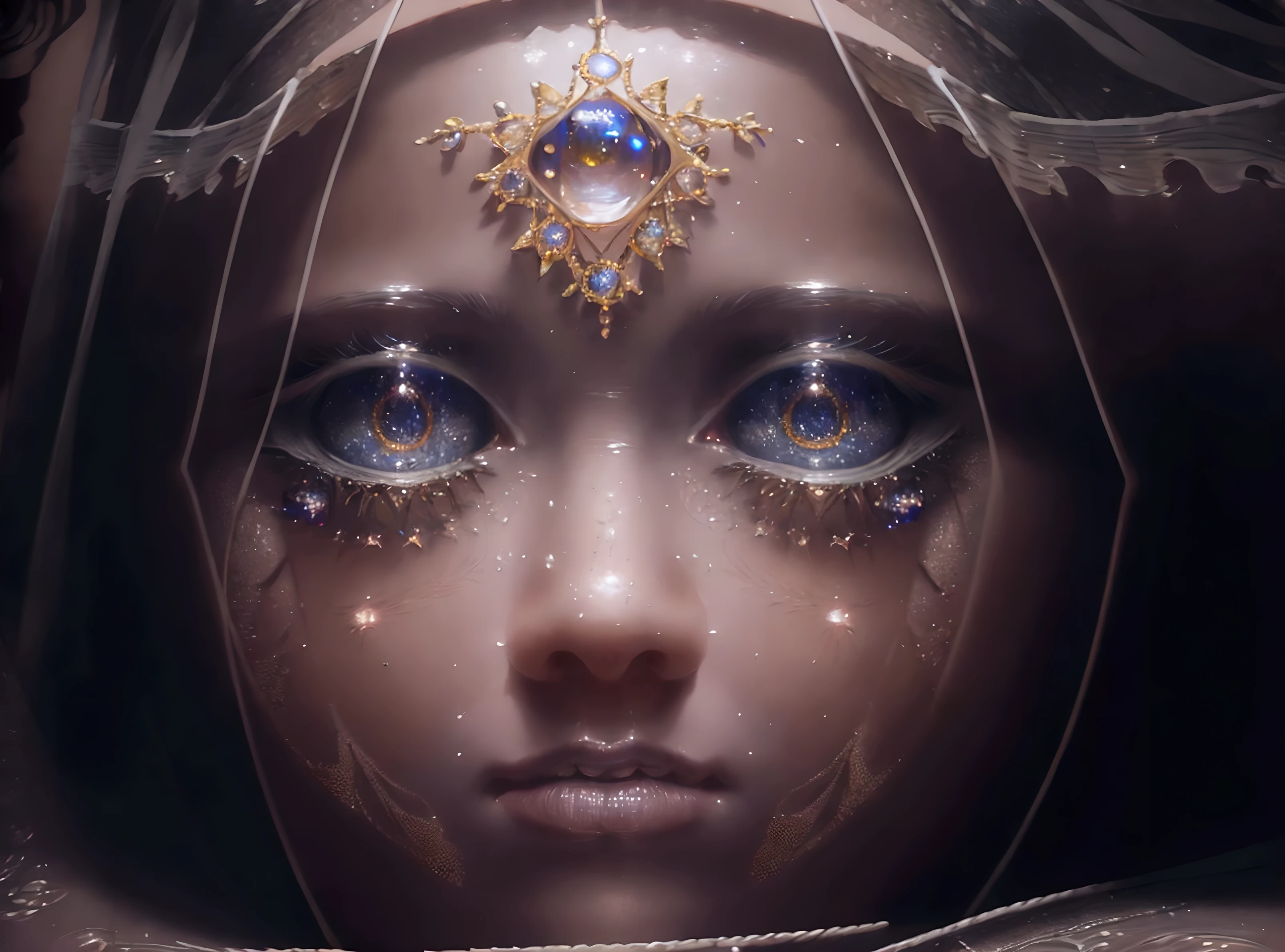 a girl with an anxious gaze, looking up at the heavenly reflection, beautiful detailed eyes, beautiful detailed lips, extremely detailed face and features, longeyes lashes, medium: oil painting, intricate celestial pattern, dramatic lighting, moody atmosphere, (best quality,4k,8k,highres,masterpiece:1.2),ultra-detailed,(realistic,photorealistic,photo-realistic:1.37),cinematic composition, dramatic chiaroscuro lighting, vibrant colors, glowing celestial elements