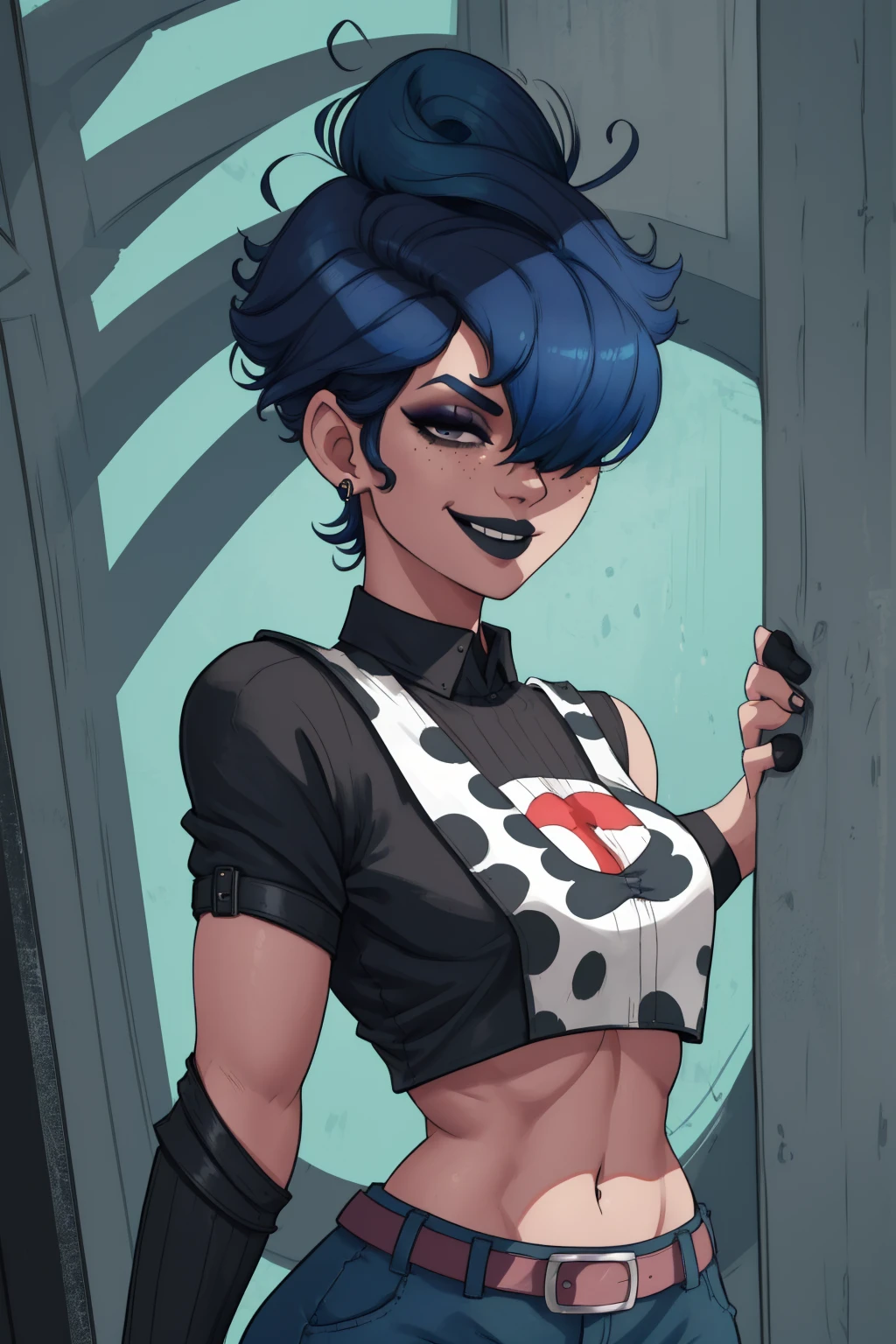 MarieK,short blue hair,ear piercing,hair over one eye,freckles,black eyes,makeup,
standing,smiling,  upper body, 
black shirt,black wristbands,midriff,belt, 
picket fence,morning, solo, 
(insanely detailed, beautiful detailed face, masterpiece, best quality) 
 